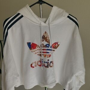 Adidas White Hoodie with Multicolor Logo. Cropped Sweat Shirt